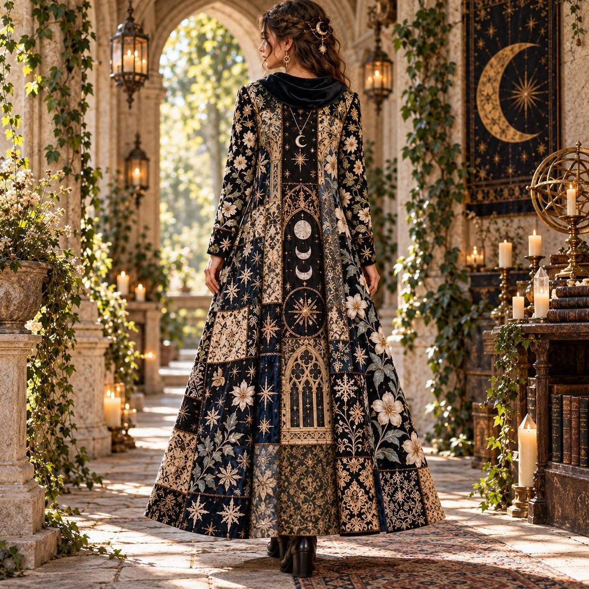 Solstice Moon Priestess Celestial Cowl Neck Dress – Pagan Patchwork Maxi – worn, back view