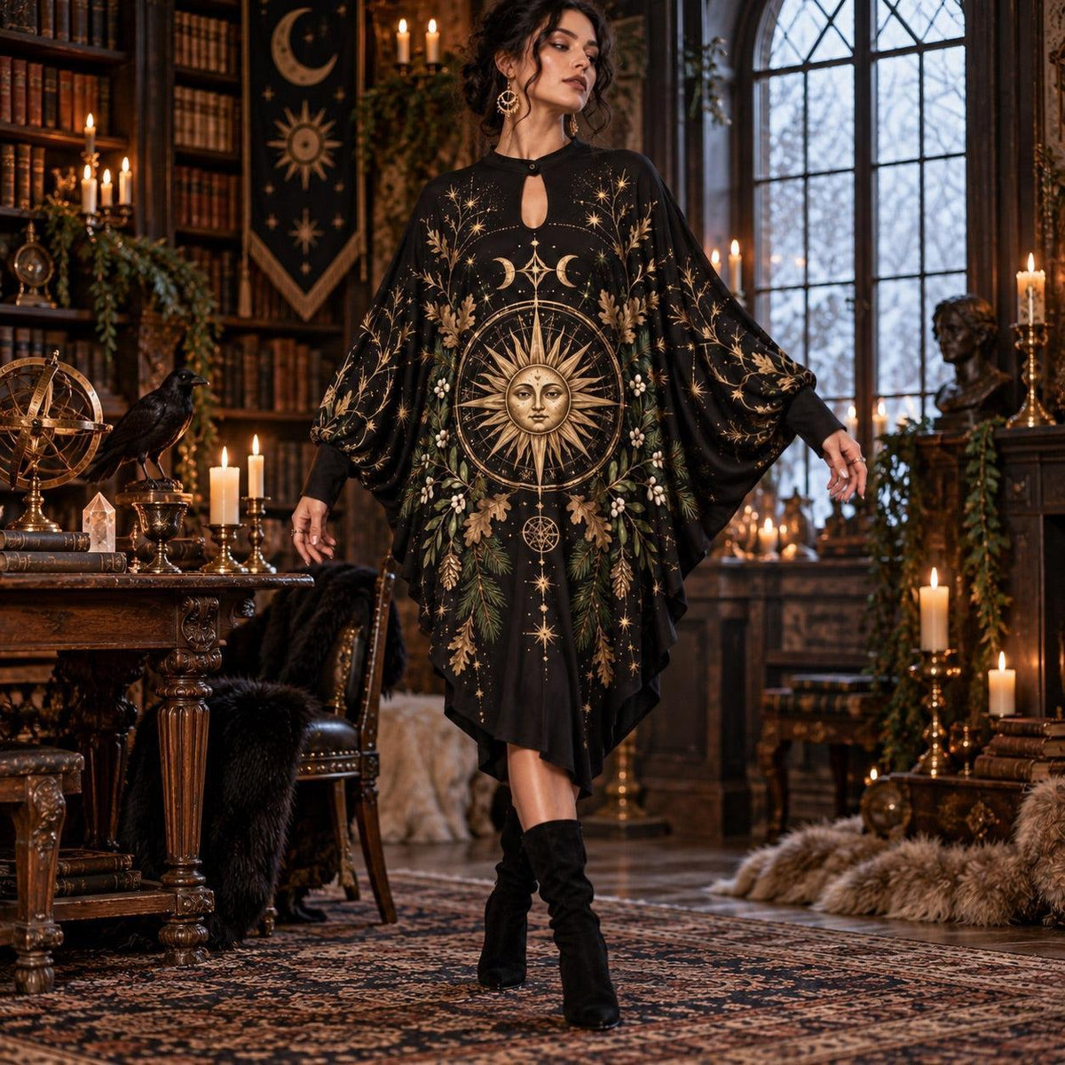 Solstice Sun Wheel Pagan Batwing Dress – Yule Witchy Celestial Midi – worn, in motion
