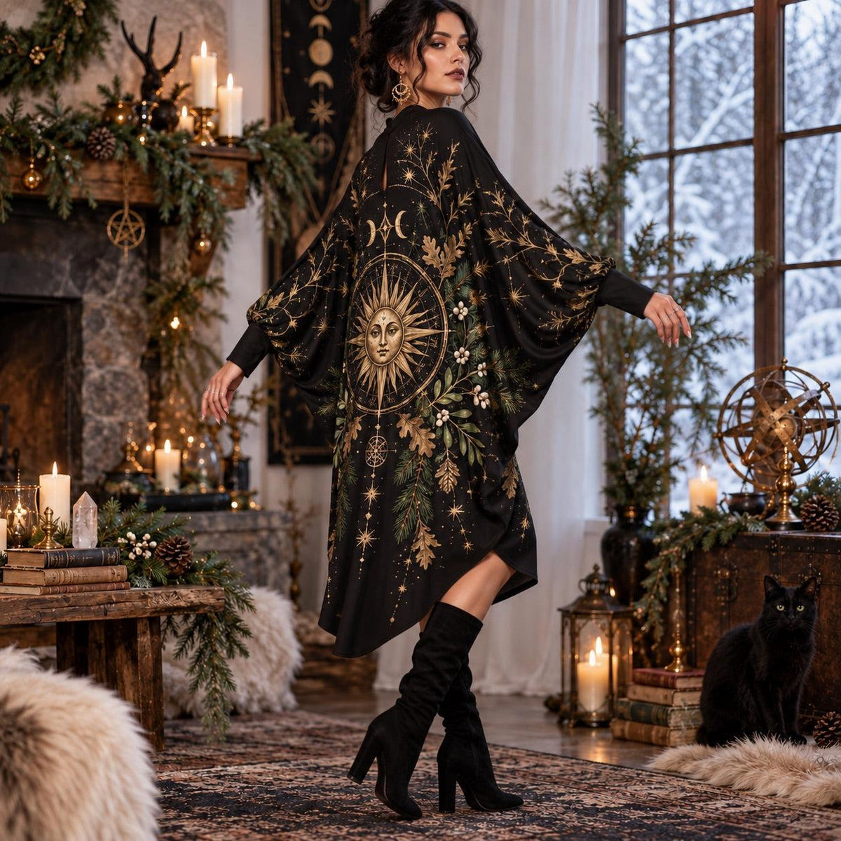 Solstice Sun Wheel Pagan Batwing Dress – Yule Witchy Celestial Midi – worn, three quarter view