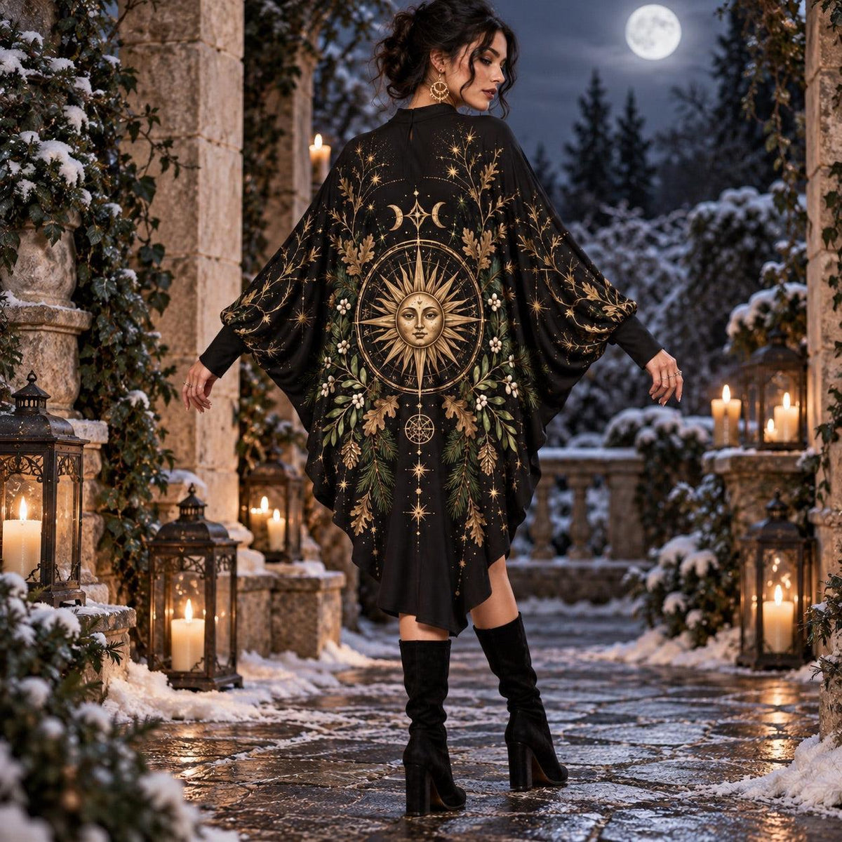 Solstice Sun Wheel Pagan Batwing Dress – Yule Witchy Celestial Midi – worn, back view