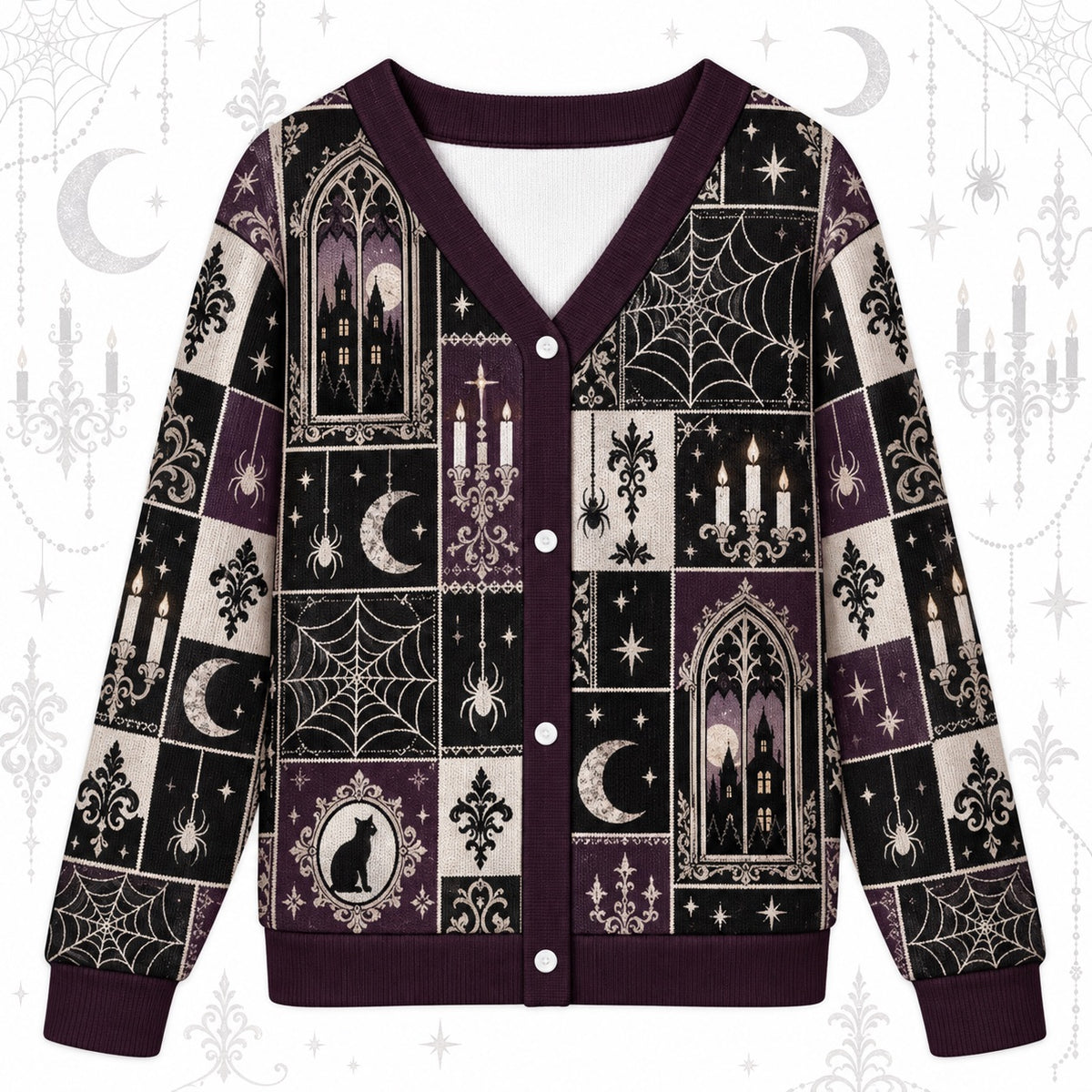 Spiderweb Moonlit Manor Gothic Cardigan for Women Plum Patchwork, front view