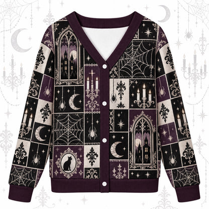 Spiderweb Moonlit Manor Gothic Cardigan for Women Plum Patchwork, front view