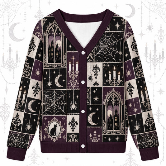 Spiderweb Moonlit Manor Gothic Cardigan for Women Plum Patchwork, front view
