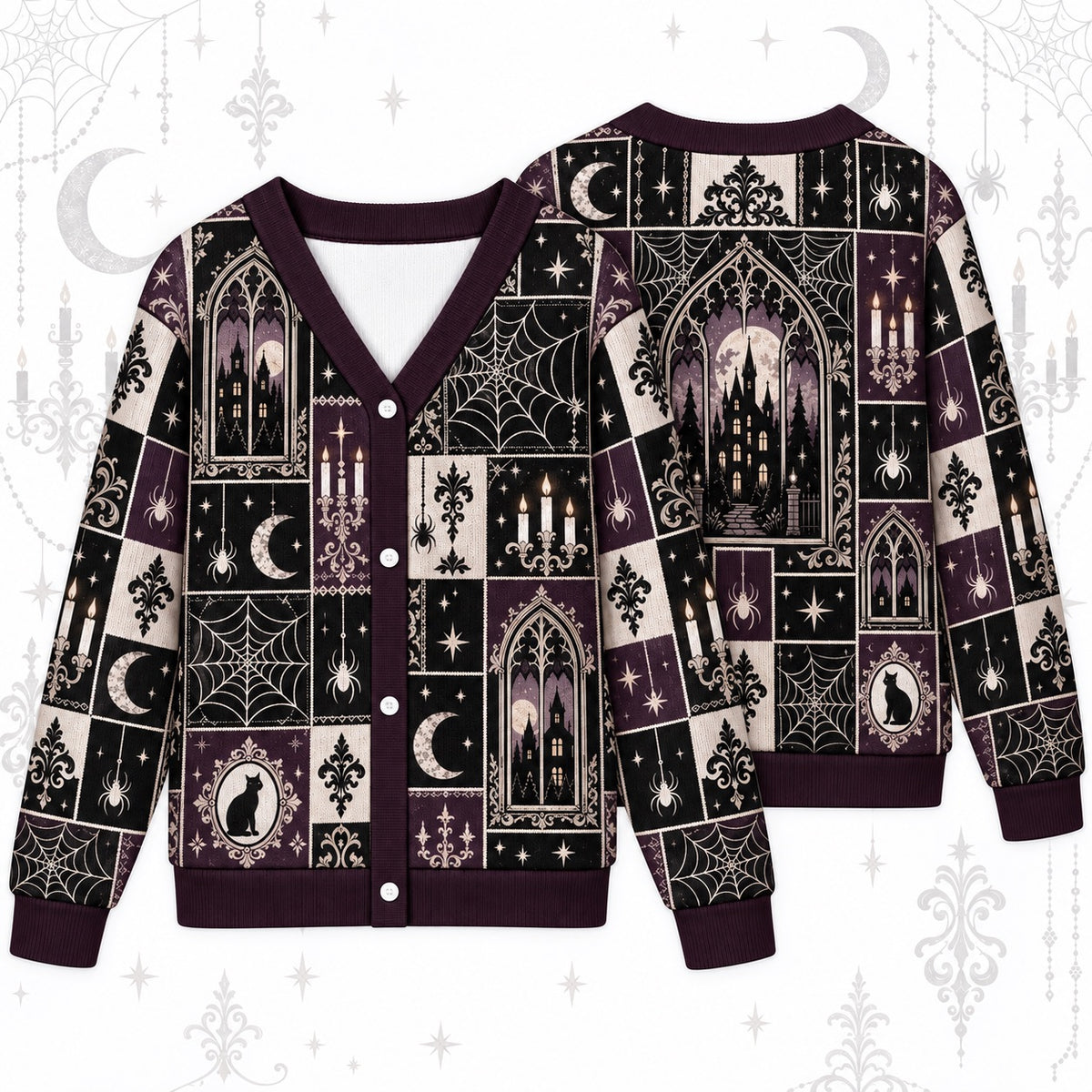 Spiderweb Moonlit Manor Gothic Cardigan for Women Plum Patchwork, front and back shown together