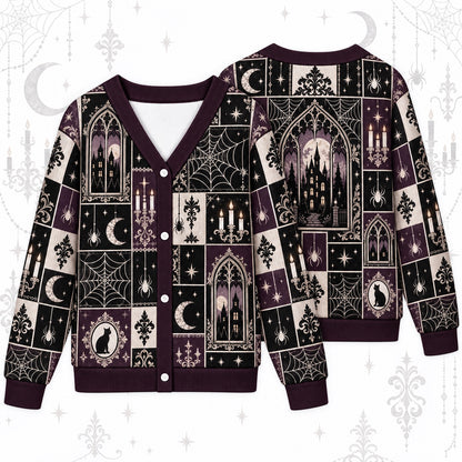 Spiderweb Moonlit Manor Gothic Cardigan for Women Plum Patchwork, front and back shown together