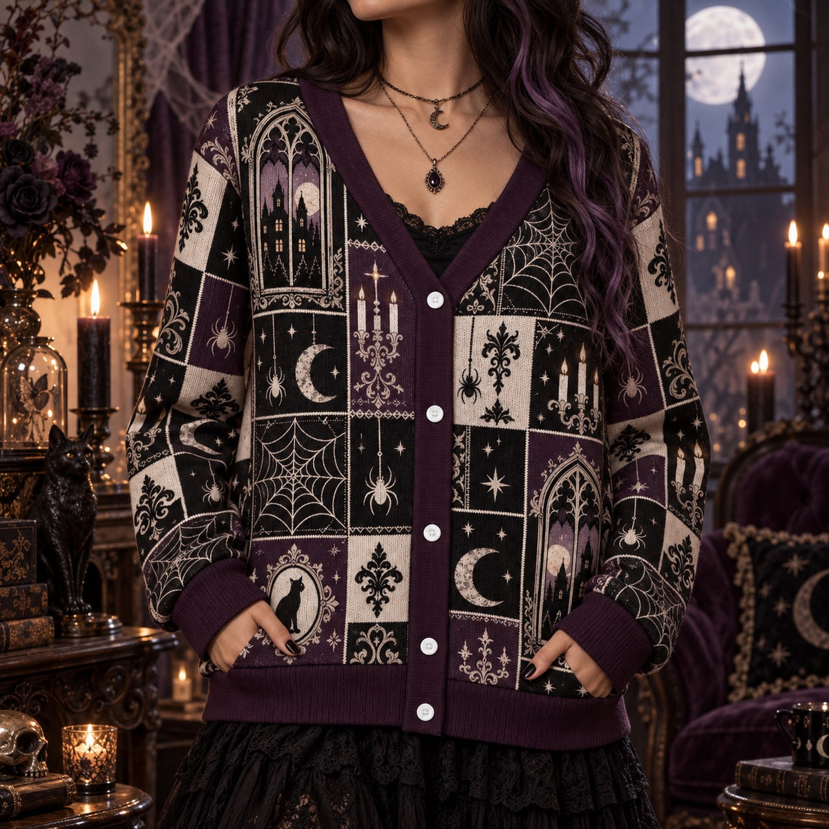 Spiderweb Moonlit Manor Gothic Cardigan for Women Plum Patchwork, worn, front view