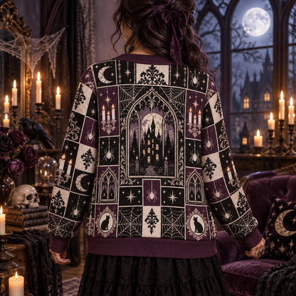 Spiderweb Moonlit Manor Gothic Cardigan for Women Plum Patchwork, worn, back view