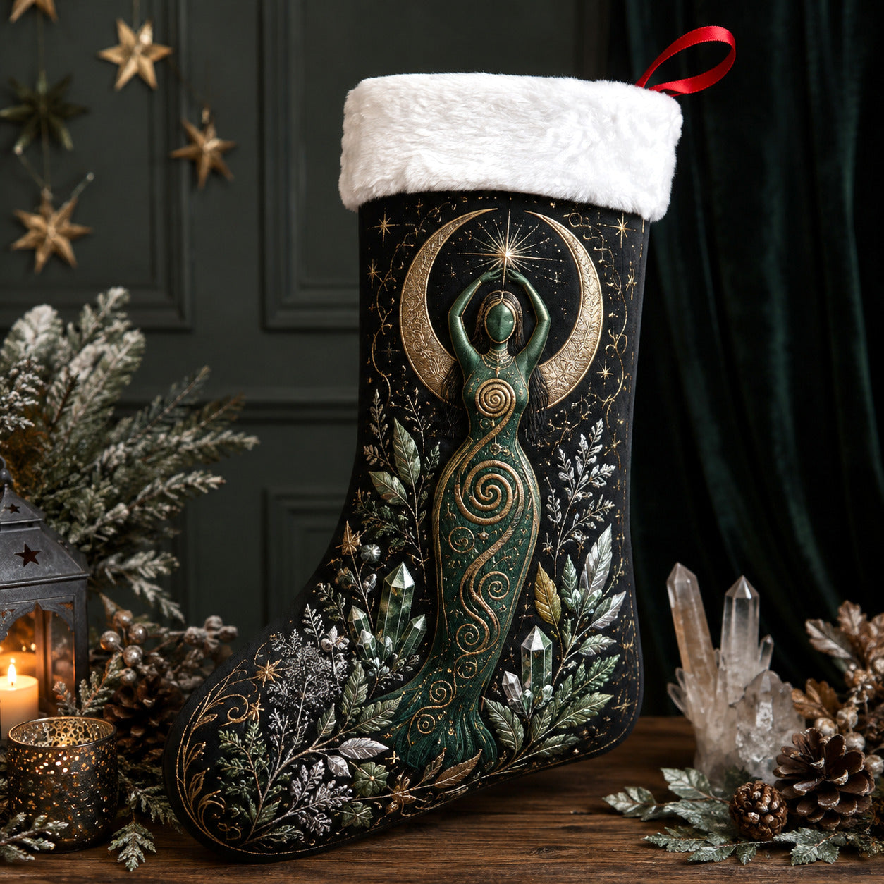 Spiral Goddess Christmas Stocking Green Witch Pagan Solstice Decor