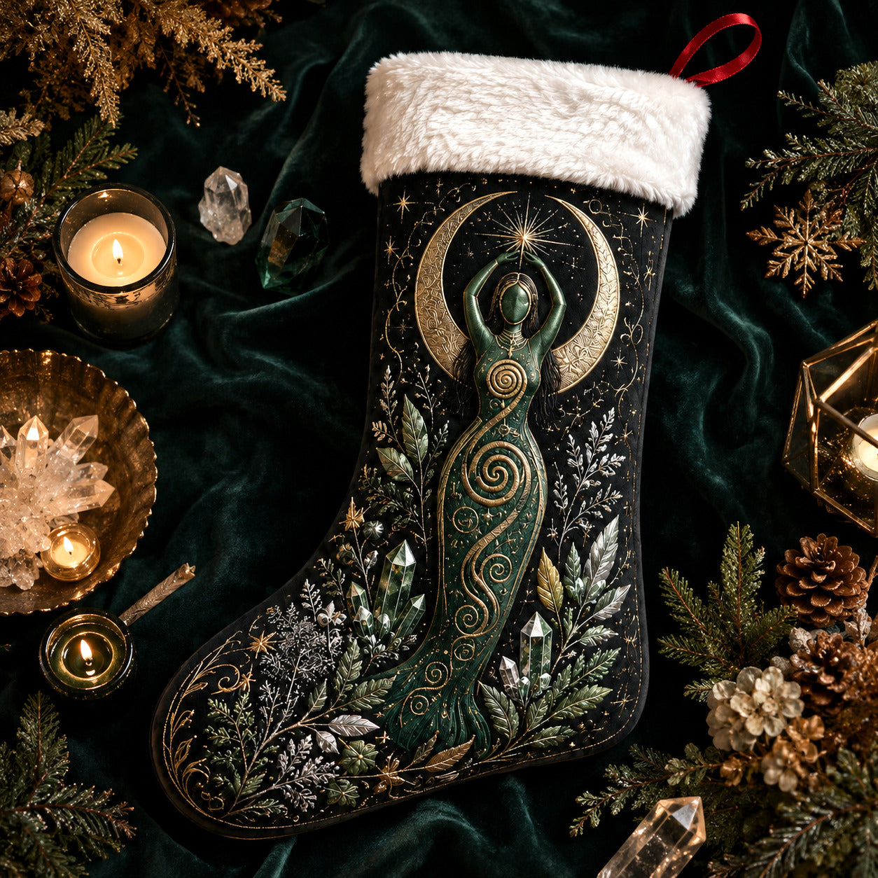 Spiral Goddess Christmas Stocking Green Witch Pagan Solstice Decor, styled shot 2