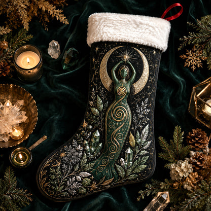 Spiral Goddess Christmas Stocking Green Witch Pagan Solstice Decor, styled shot 2