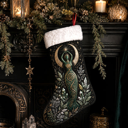 Spiral Goddess Christmas Stocking Green Witch Pagan Solstice Decor, styled shot 3