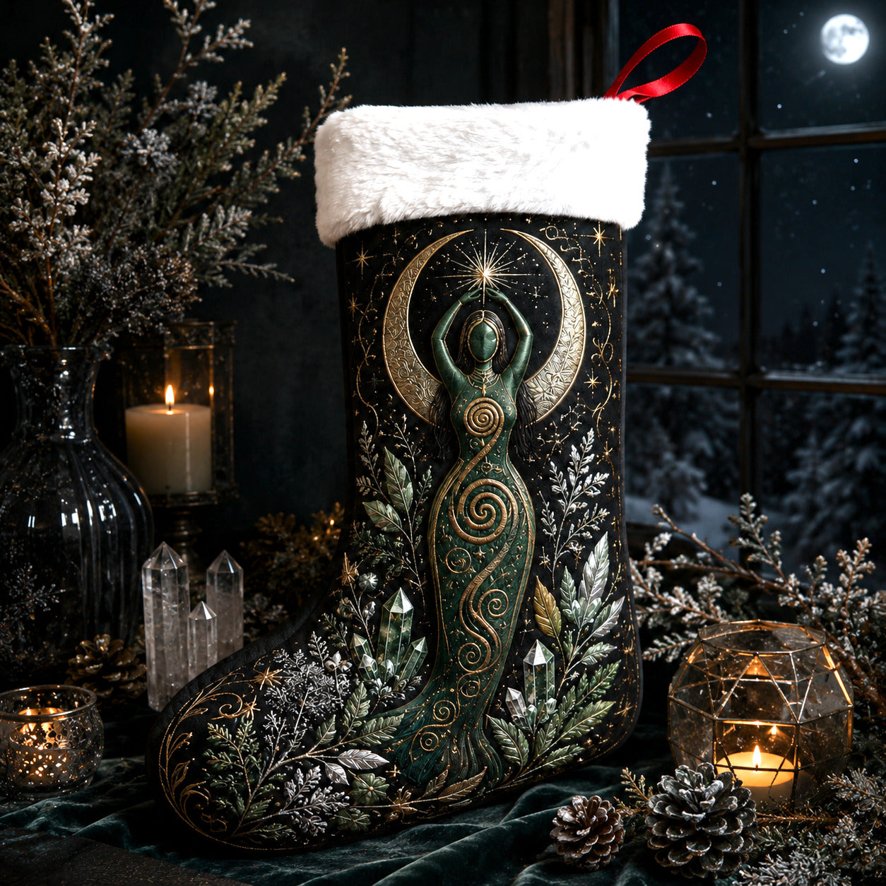 Spiral Goddess Christmas Stocking Green Witch Pagan Solstice Decor, styled shot 4