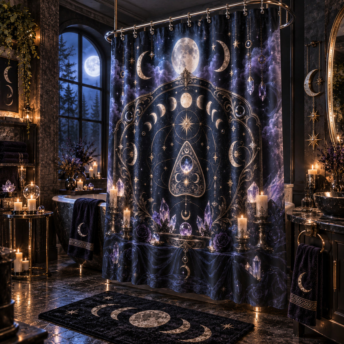 Spirit Board Planchette Shower Curtain - Gothic Moon Arch Decor, styled shot 2