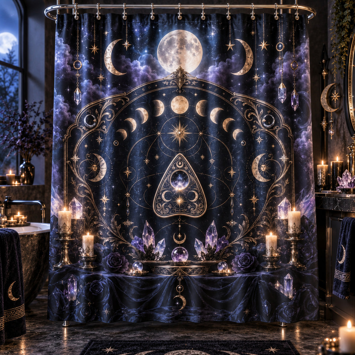 Spirit Board Planchette Shower Curtain - Gothic Moon Arch Decor, styled shot 3