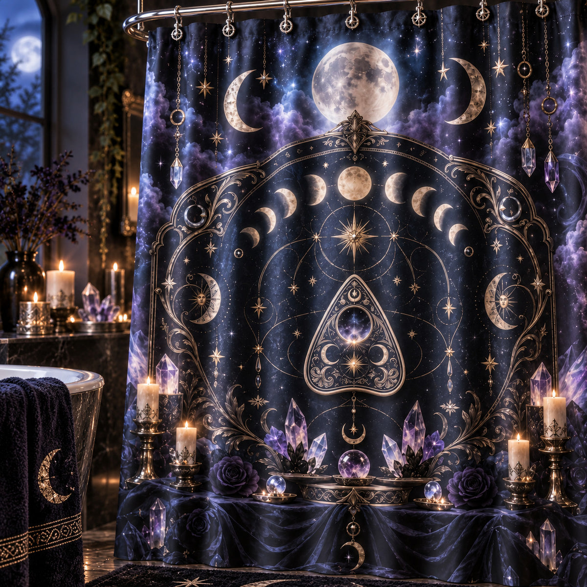 Spirit Board Planchette Shower Curtain - Gothic Moon Arch Decor, styled shot 4