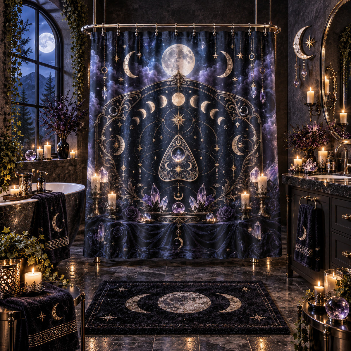 Spirit Board Planchette Shower Curtain - Gothic Moon Arch Decor, styled shot 5