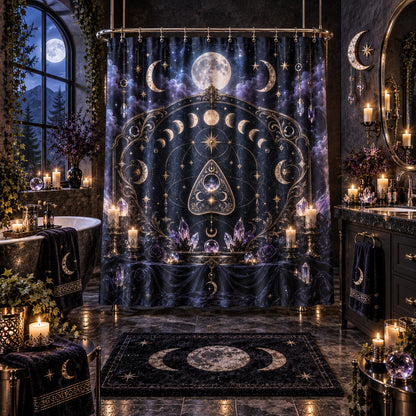 Spirit Board Planchette Shower Curtain - Gothic Moon Arch Decor, styled shot 5
