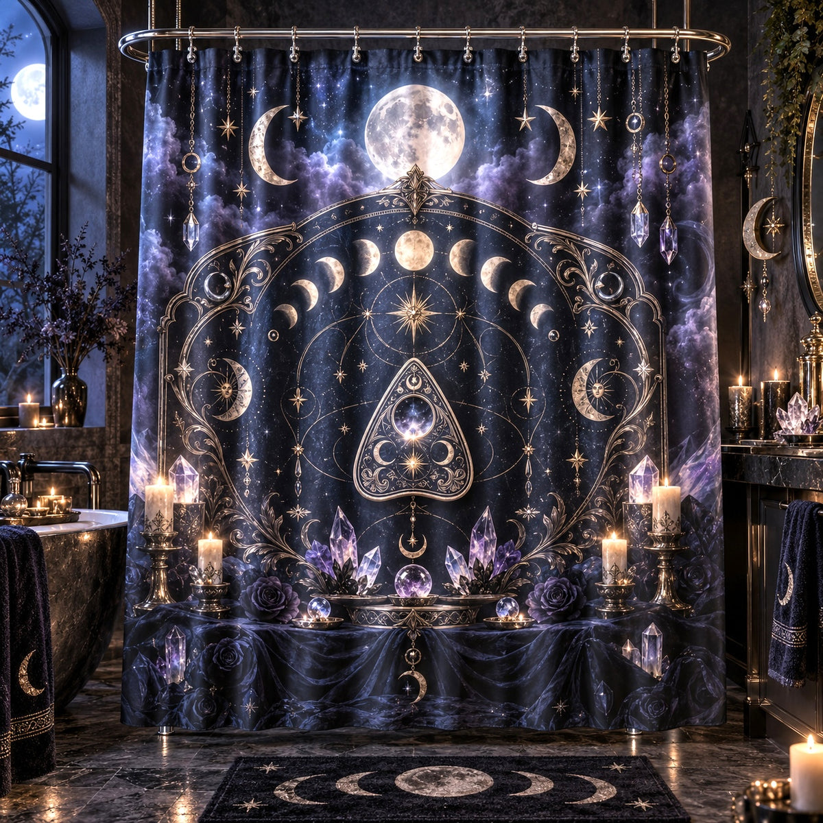 Spirit Board Planchette Shower Curtain - Gothic Moon Arch Decor