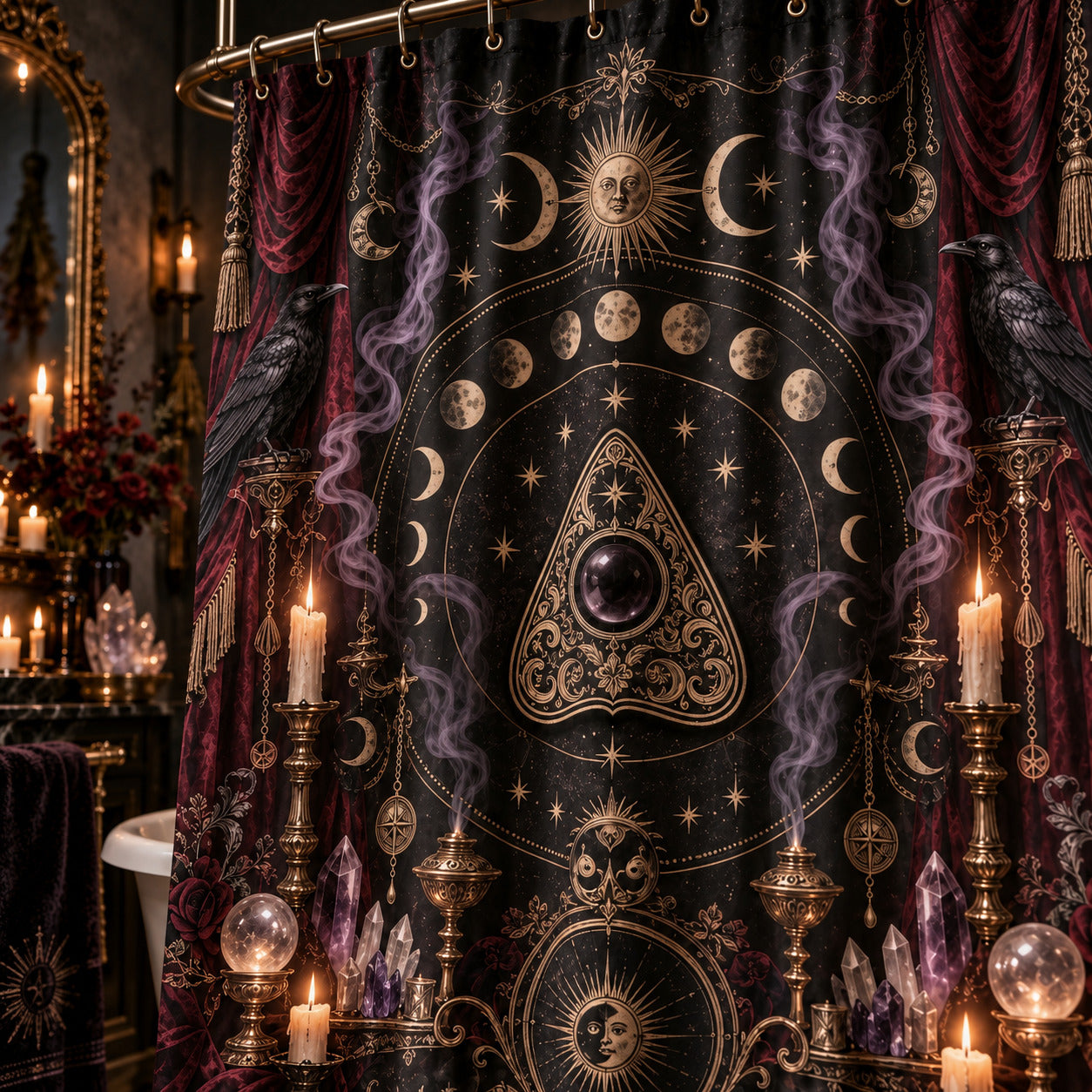 Spirit Board Planchette Shower Curtain - Raven Moon Altar Decor, styled shot 4