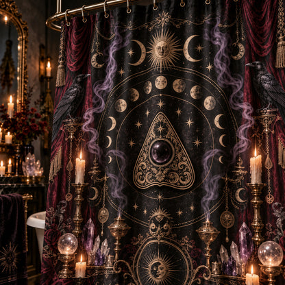Spirit Board Planchette Shower Curtain - Raven Moon Altar Decor, styled shot 4