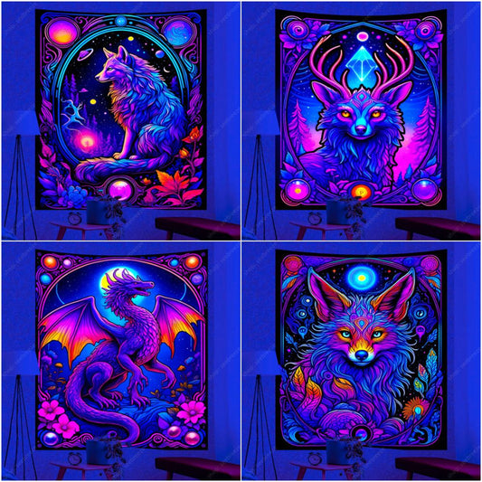 Spirit Animal UV Reactive Tapestry Psychedelic Animal Wall Tapestry for Aesthetic Room Decor