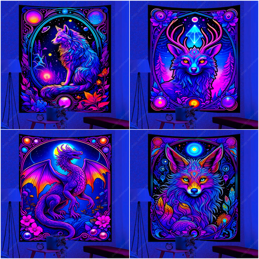 Spirit Animal UV Reactive Tapestry Psychedelic Animal Wall Tapestry for Aesthetic Room Decor