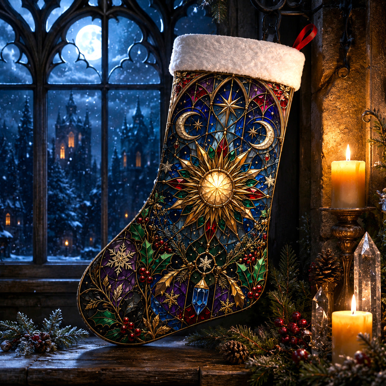 Stained Glass Sun Christmas Stocking Celestial Solstice Decor