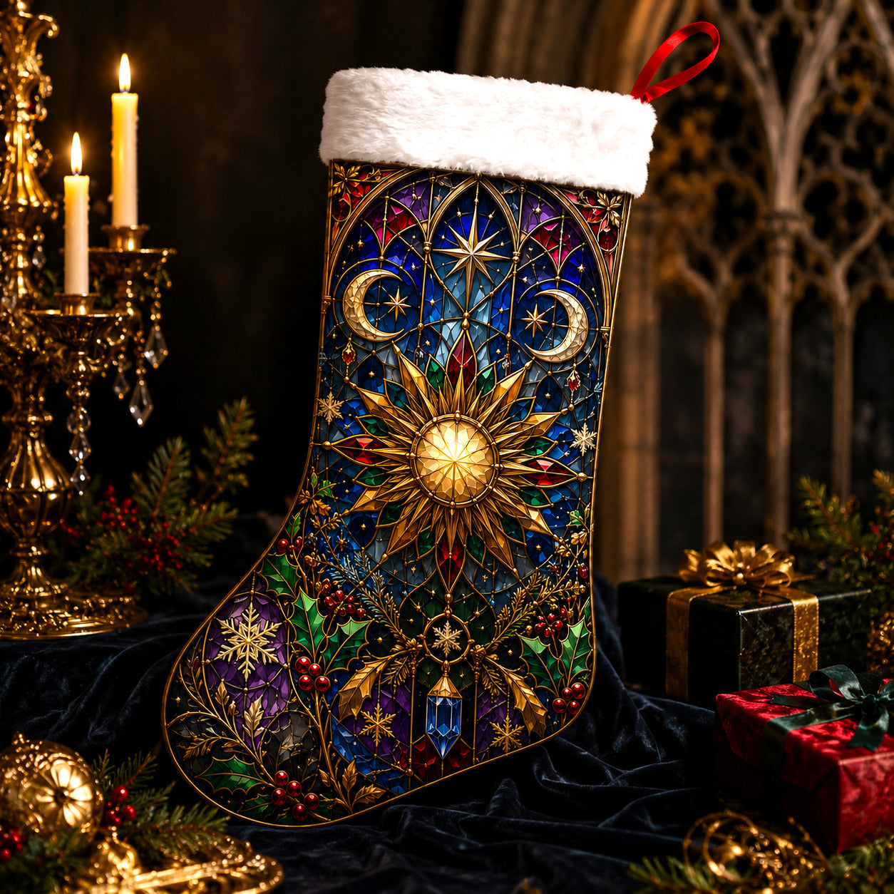 Stained Glass Sun Christmas Stocking Celestial Solstice Decor, styled shot 3