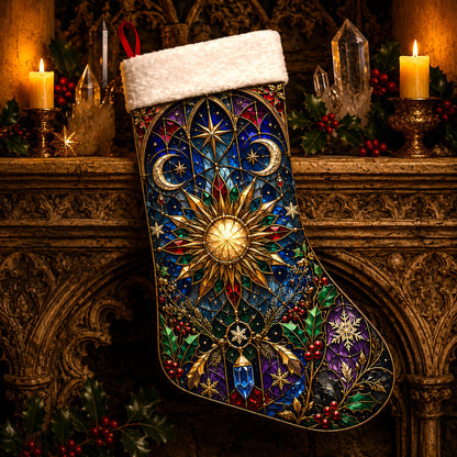 Stained Glass Sun Christmas Stocking Celestial Solstice Decor, styled shot 4
