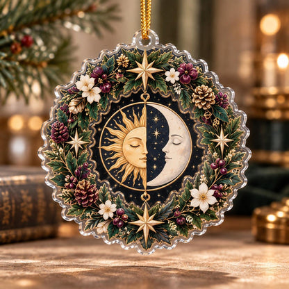 Sun and Moon Celestial Acrylic Ornament Set – Solstice Yule Decor – Sun Moon Wreath ornament