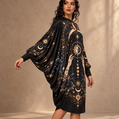 Sun and Moon Celestial Batwing Dress – Gothic Witchy Oracle Midi – worn, three quarter view