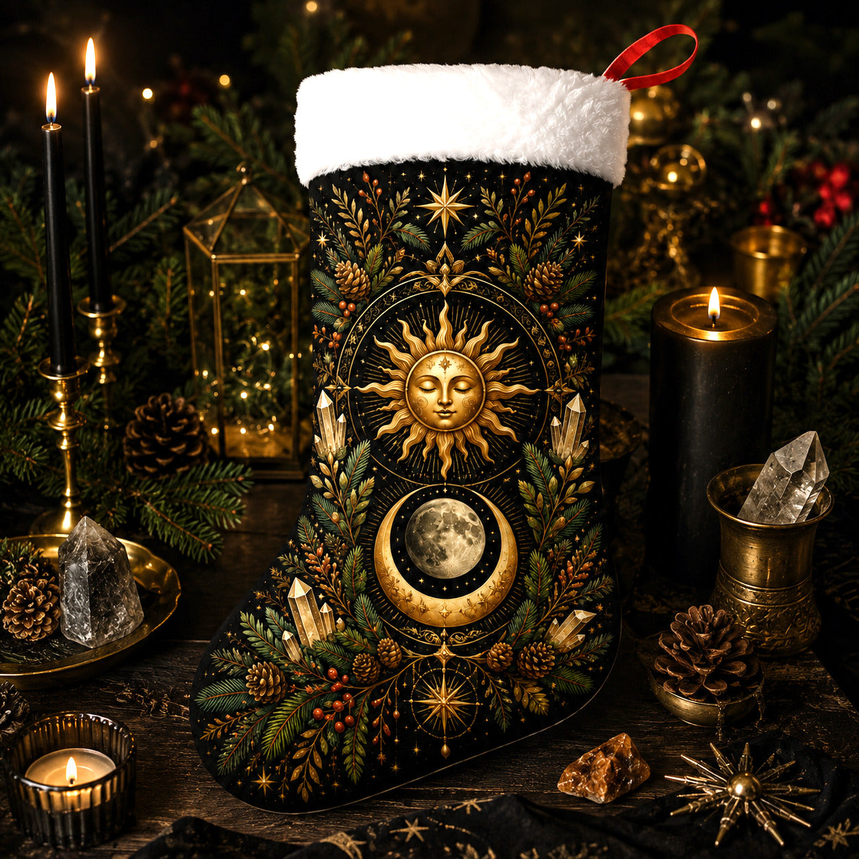 Sun And Moon Christmas Stocking Gold Celestial Solstice Decor