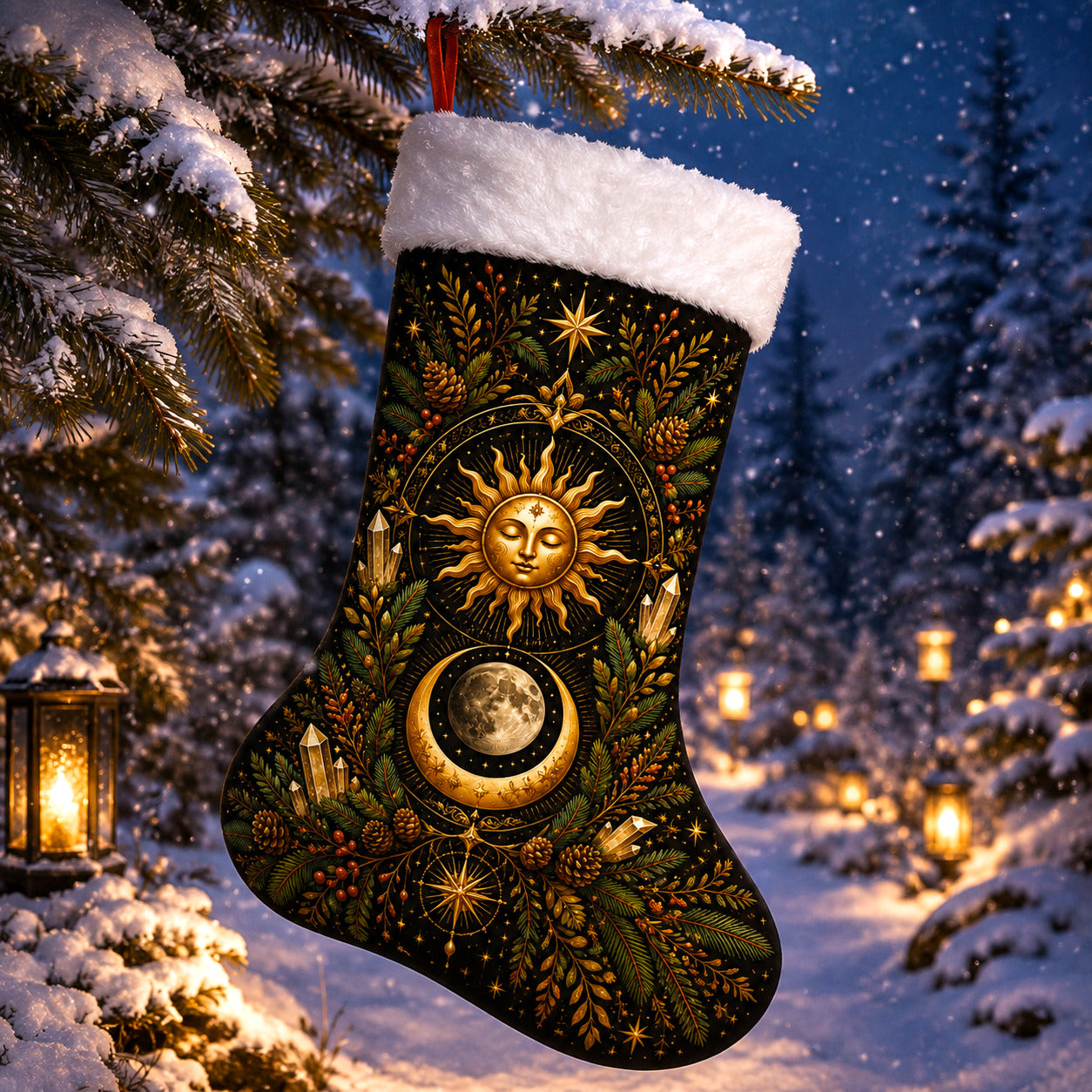 Sun And Moon Christmas Stocking Gold Celestial Solstice Decor, styled shot 2