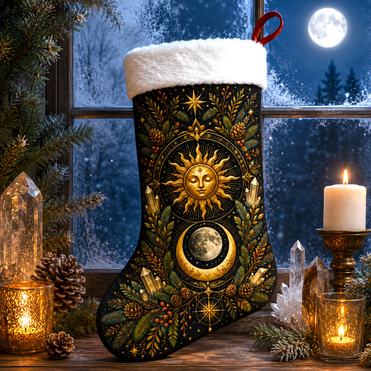Sun And Moon Christmas Stocking Gold Celestial Solstice Decor, styled shot 4
