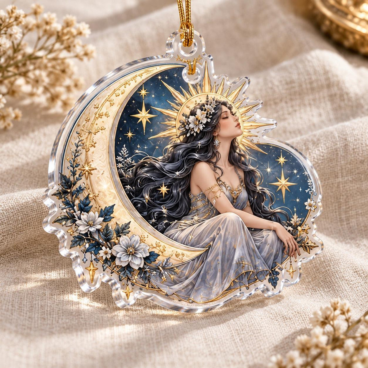 Sun and Moon Goddess Acrylic Ornament Set – Celestial Solstice Decor – Moonlit Goddess ornament