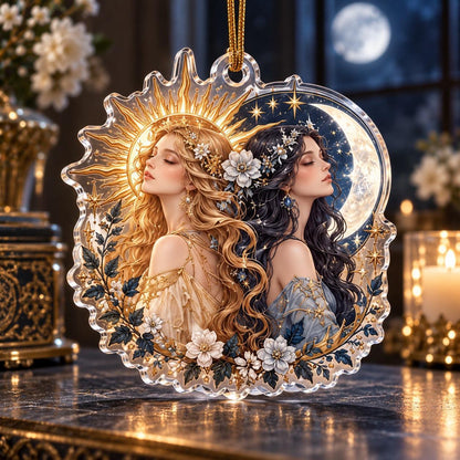 Sun and Moon Goddess Acrylic Ornament Set – Celestial Solstice Decor – Twin Celestial Sisters ornament