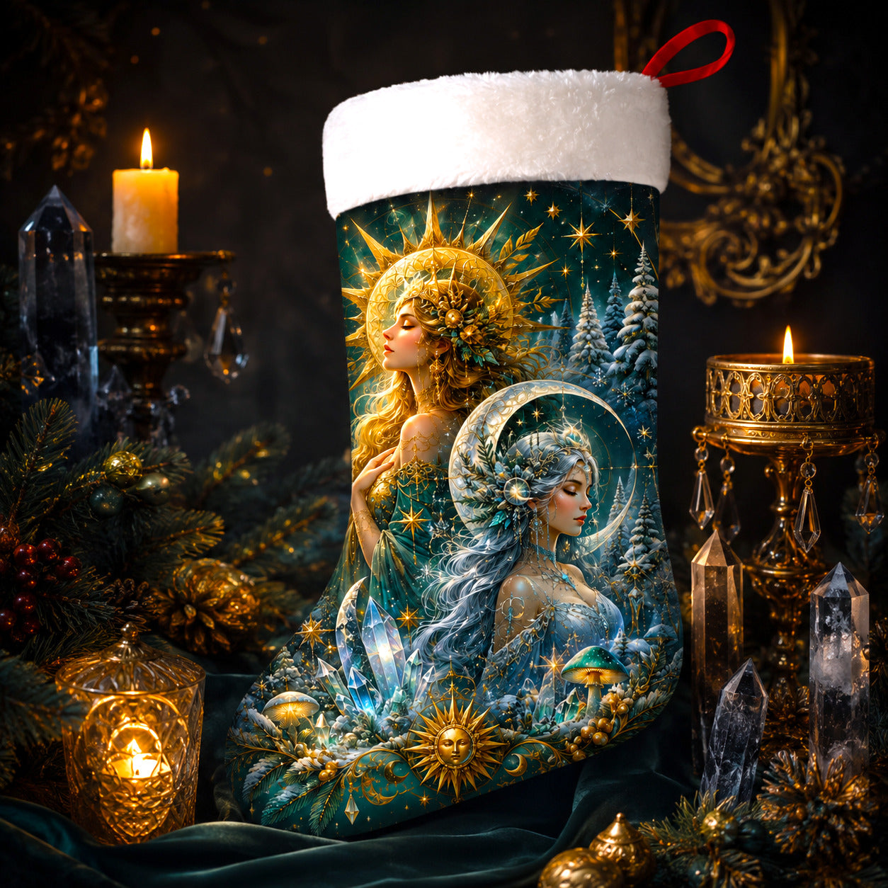 Sun And Moon Goddess Christmas Stocking Divine Feminine Decor, styled shot 2
