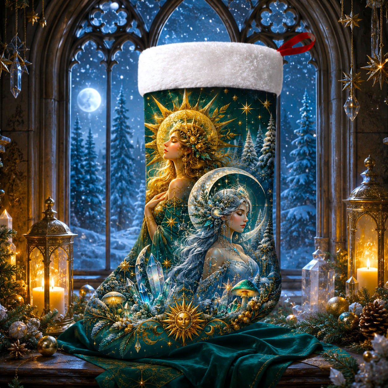 Sun And Moon Goddess Christmas Stocking Divine Feminine Decor, styled shot 4