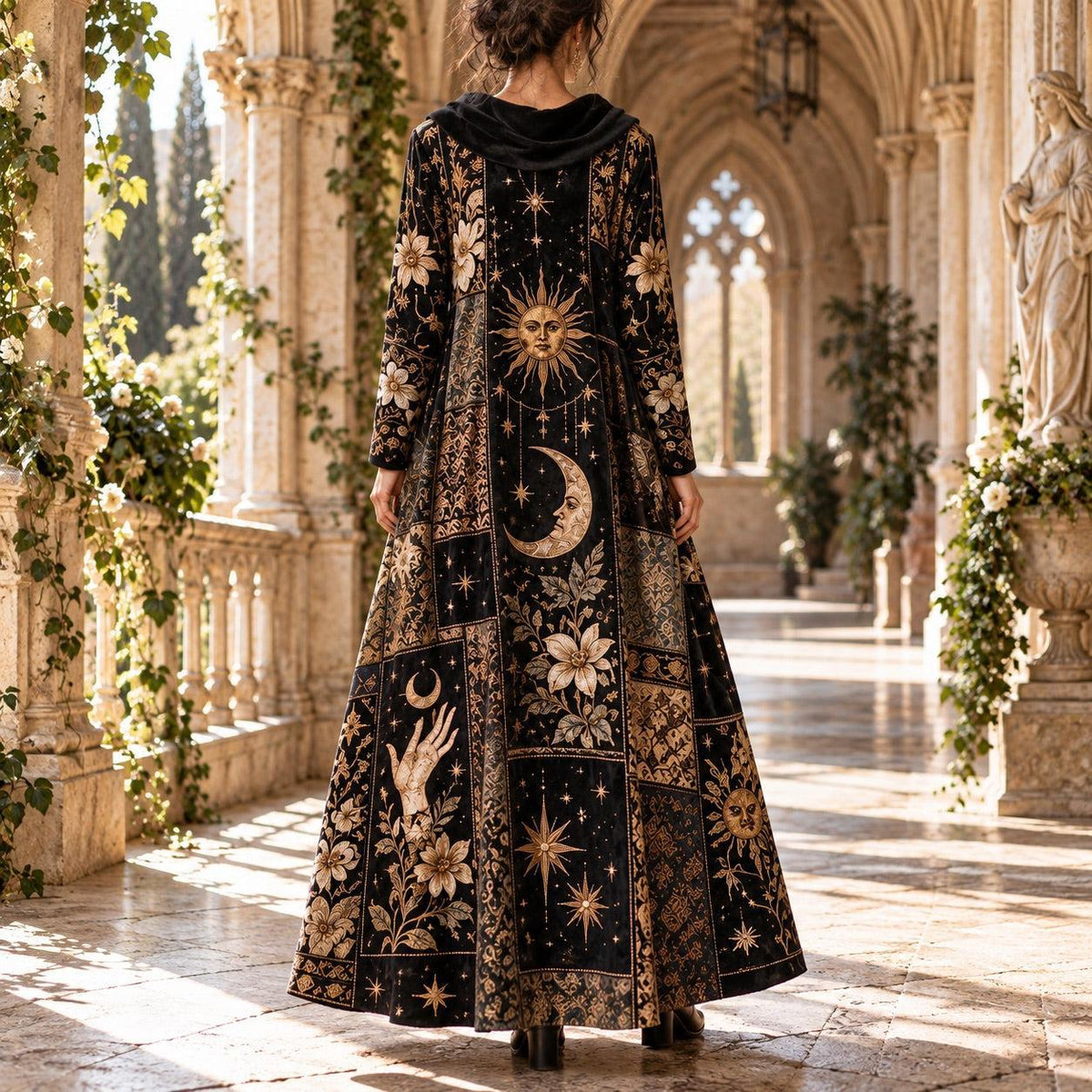 Sun and Moon Hand Celestial Cowl Neck Dress – Witchy Patchwork Maxi – worn, back view