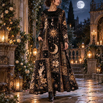 Sun and Moon Hand Celestial Cowl Neck Dress – Witchy Patchwork Maxi – worn, in motion