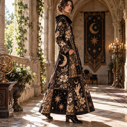 Sun and Moon Hand Celestial Cowl Neck Dress – Witchy Patchwork Maxi – worn, three quarter view