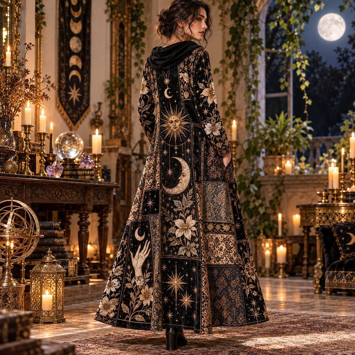 Sun and Moon Hand Celestial Cowl Neck Dress – Witchy Patchwork Maxi – close up of the printed artwork