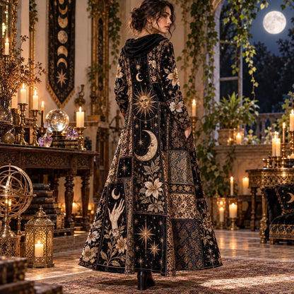 Sun and Moon Hand Celestial Cowl Neck Dress – Witchy Patchwork Maxi – close up of the printed artwork