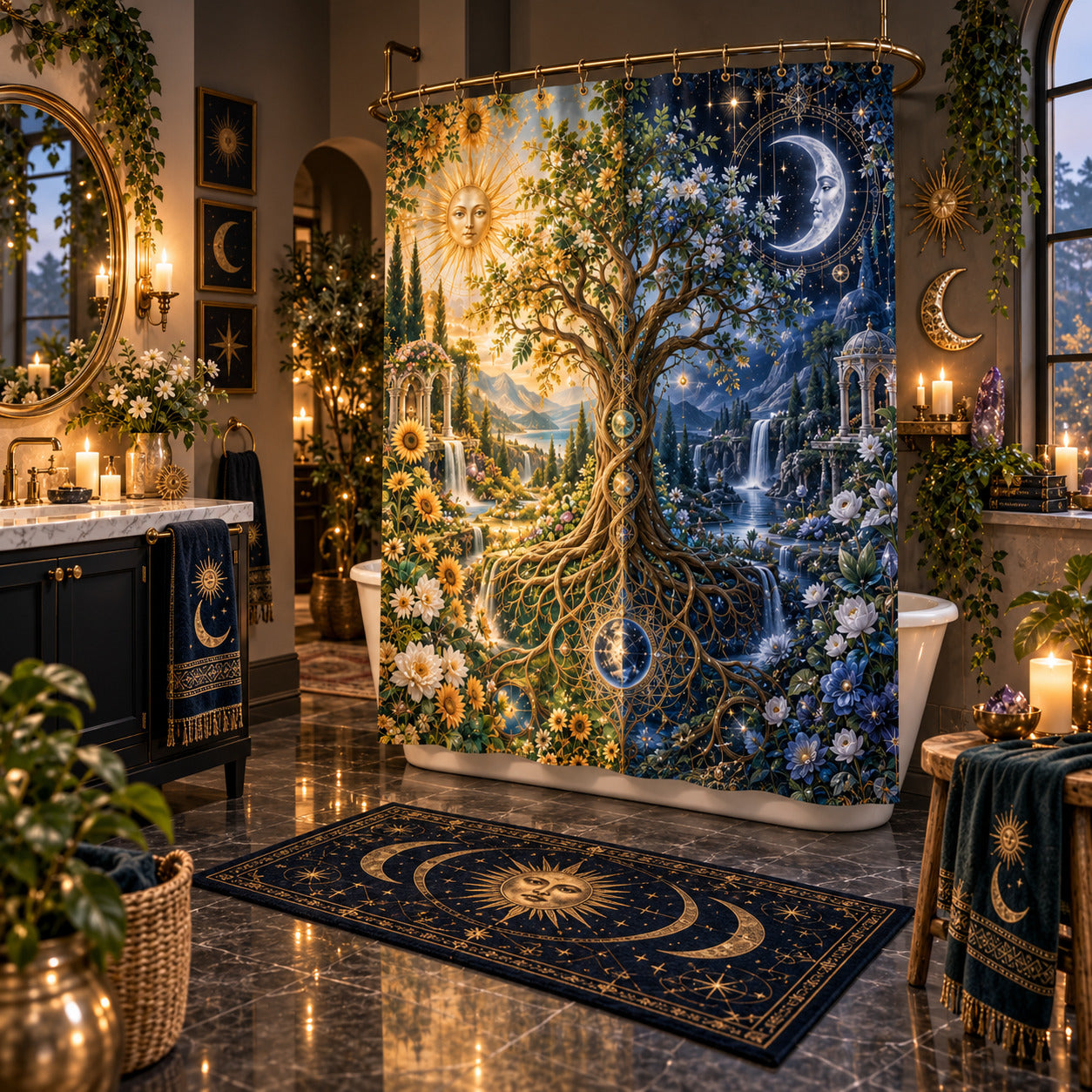 Sun and Moon Shower Curtain - Celestial Tree of Life Decor, styled shot 2