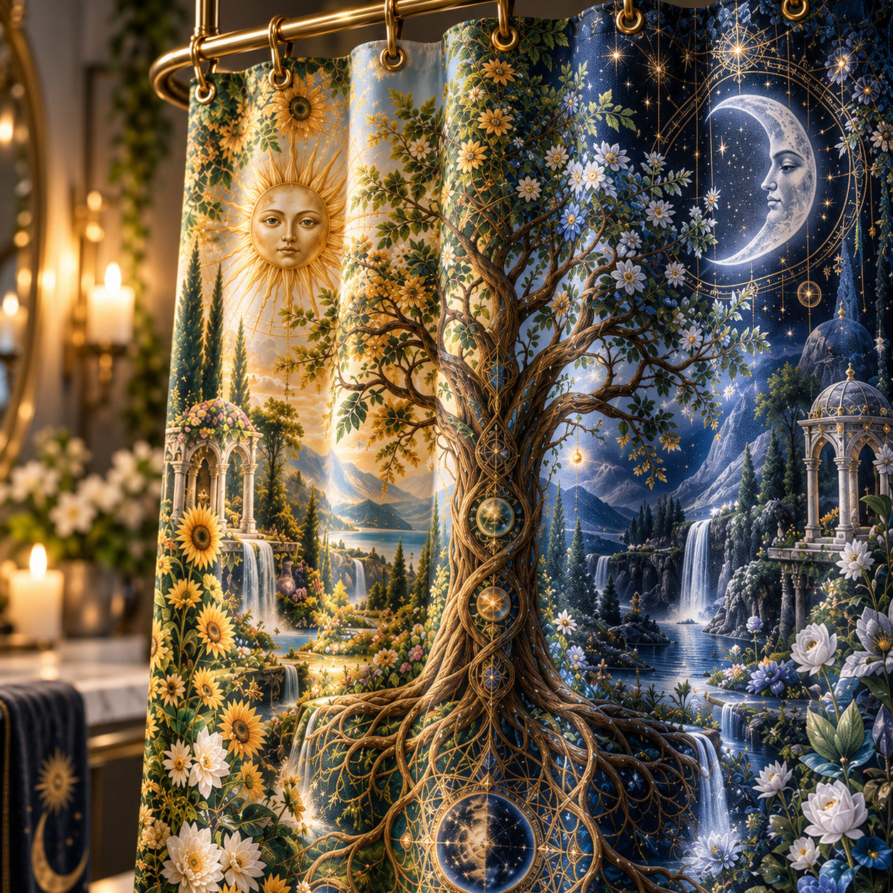 Sun and Moon Shower Curtain - Celestial Tree of Life Decor, styled shot 4