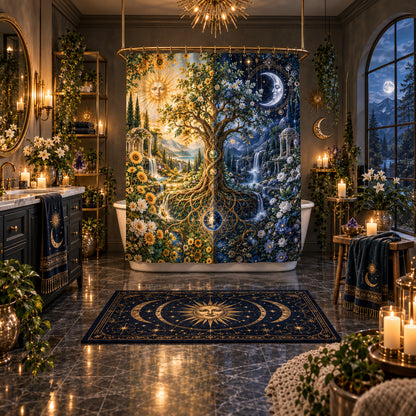 Sun and Moon Shower Curtain - Celestial Tree of Life Decor, styled shot 5