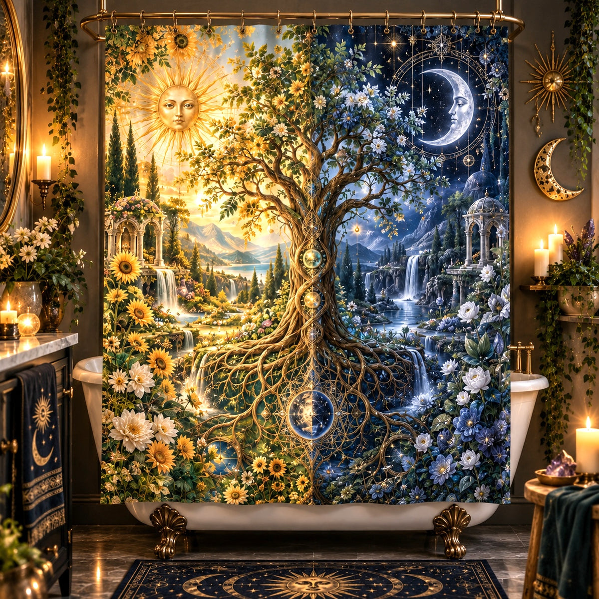 Sun and Moon Shower Curtain - Celestial Tree of Life Decor