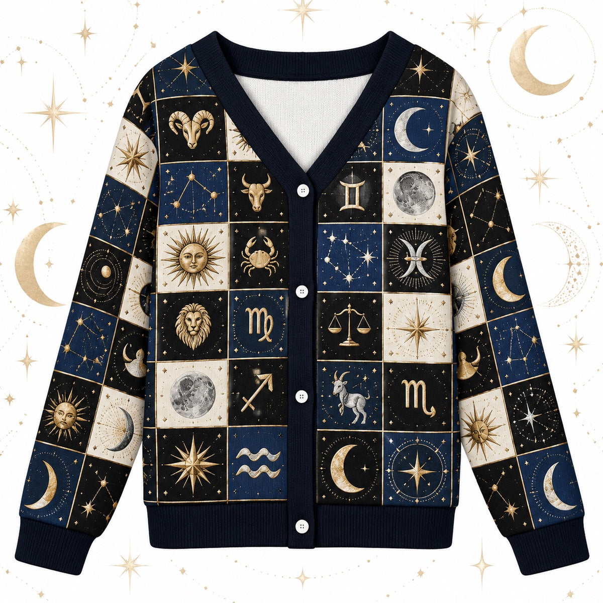 Sun and Moon Zodiac Wheel Patchwork Cardigan for Women Astrology, front view