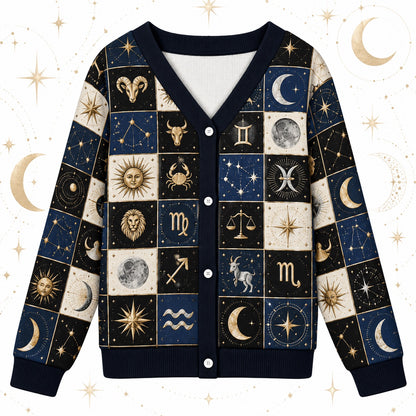 Sun and Moon Zodiac Wheel Patchwork Cardigan for Women Astrology, front view
