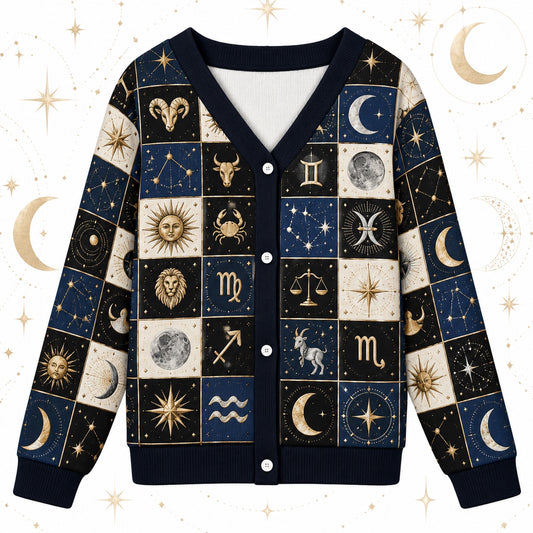 Sun and Moon Zodiac Wheel Patchwork Cardigan for Women Astrology, front view